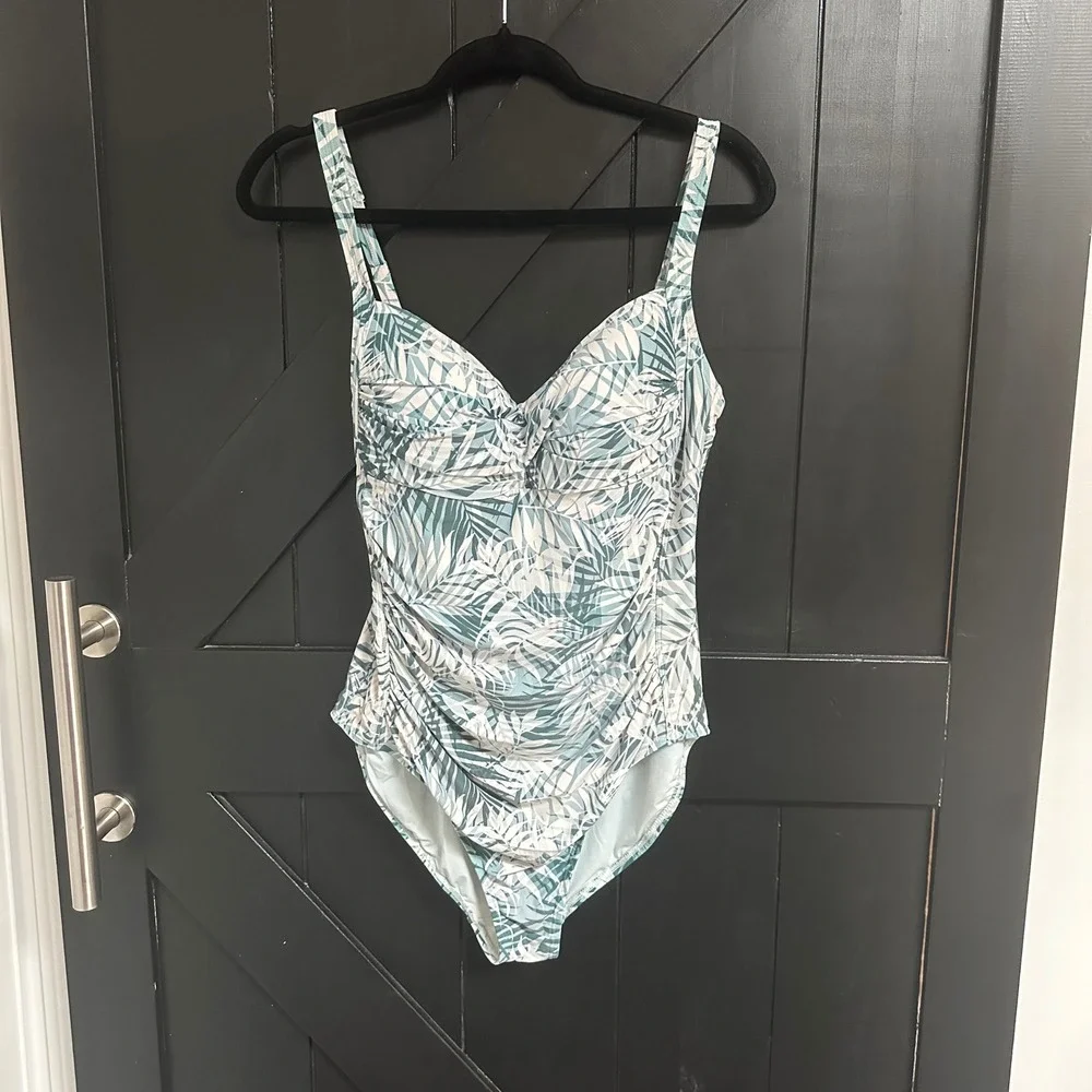 Niptuck Swim One Piece Swimsuit Teal White Palm Print Ruched Tummy Control 10